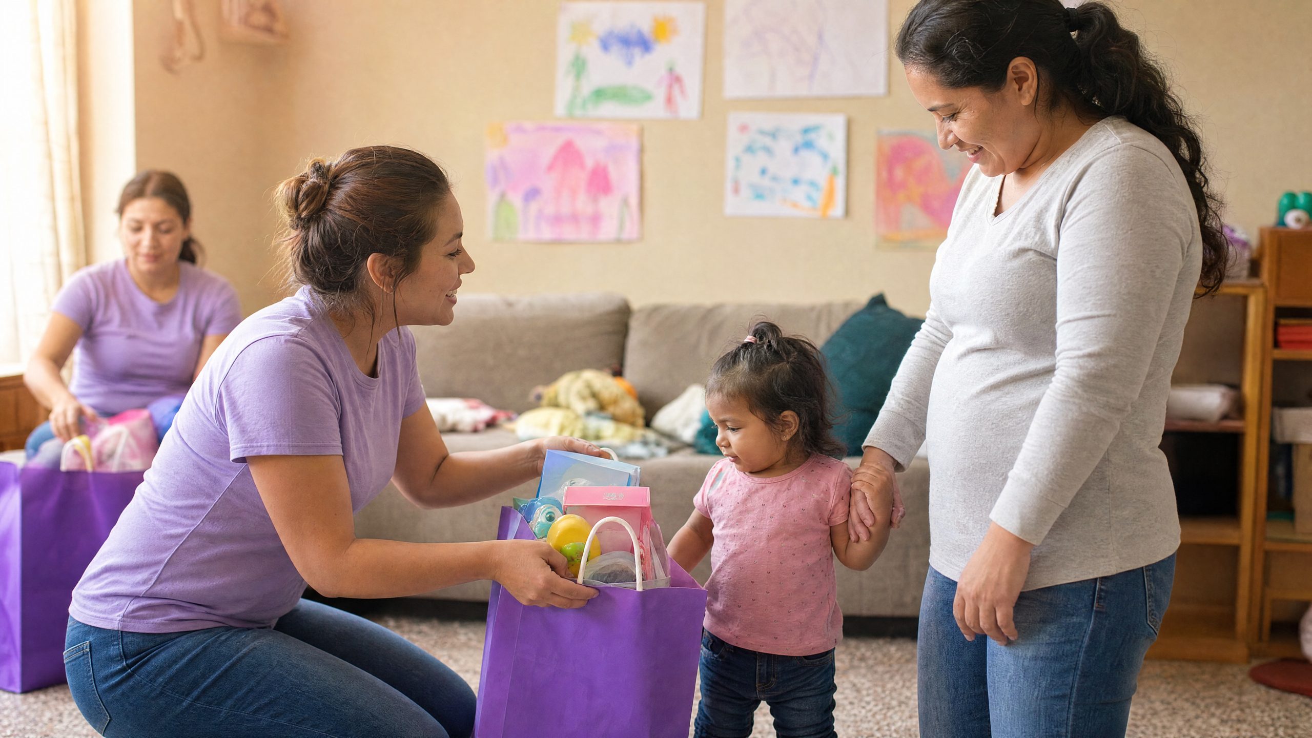 A volunteer handing a bag of new toys to a toddler and her mum