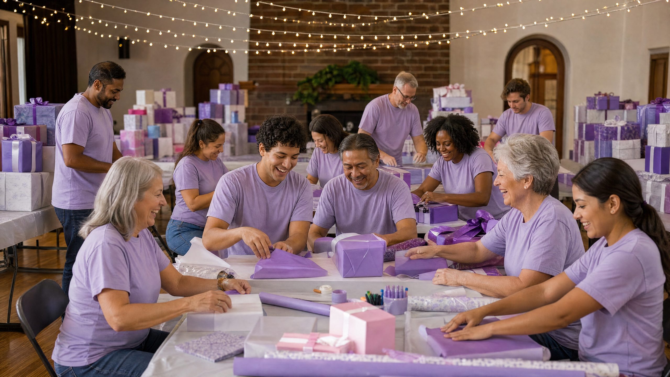 Volunteers wrapping new toys in purple paper