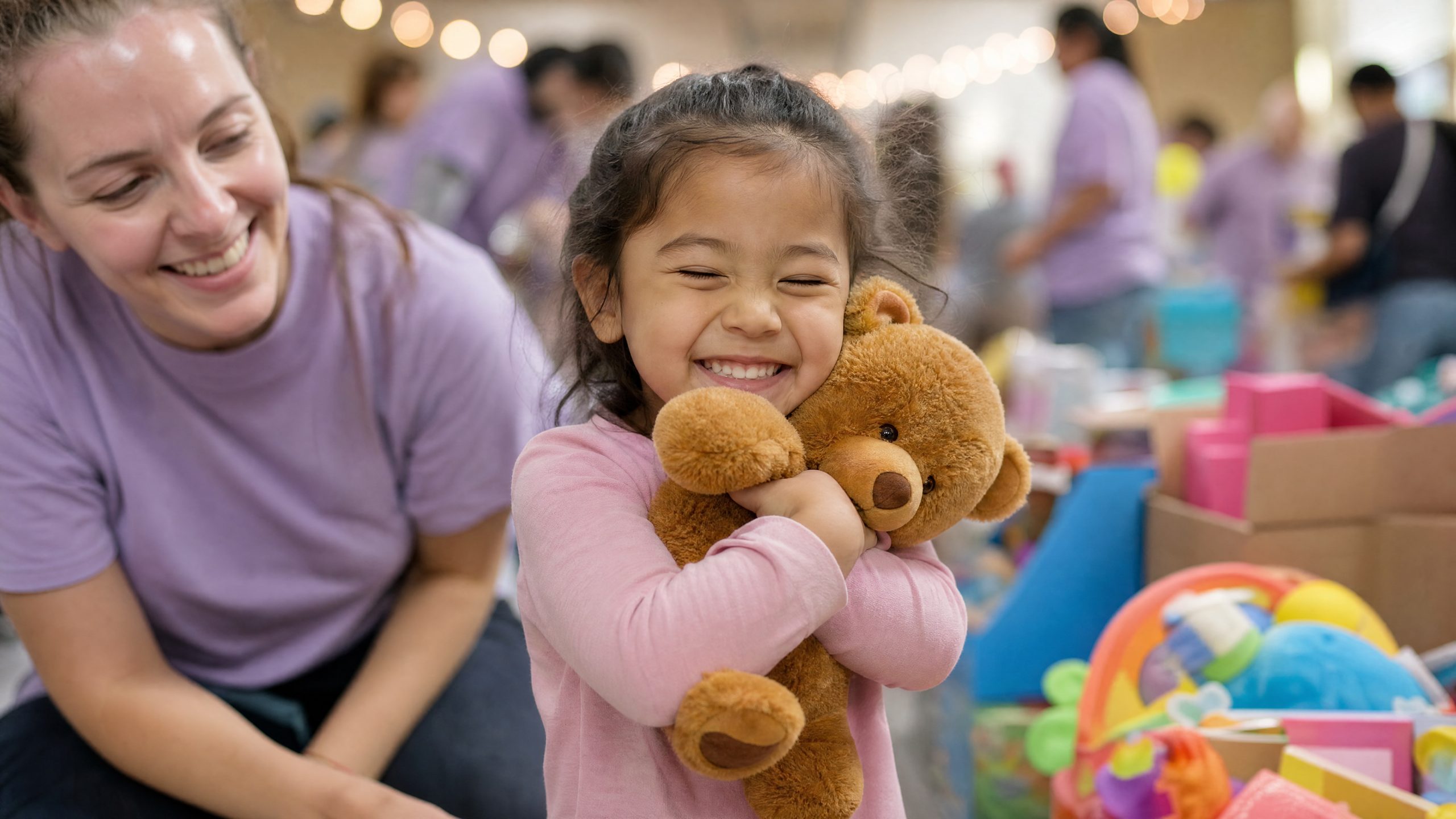 A little girl hugging her new teddy bear