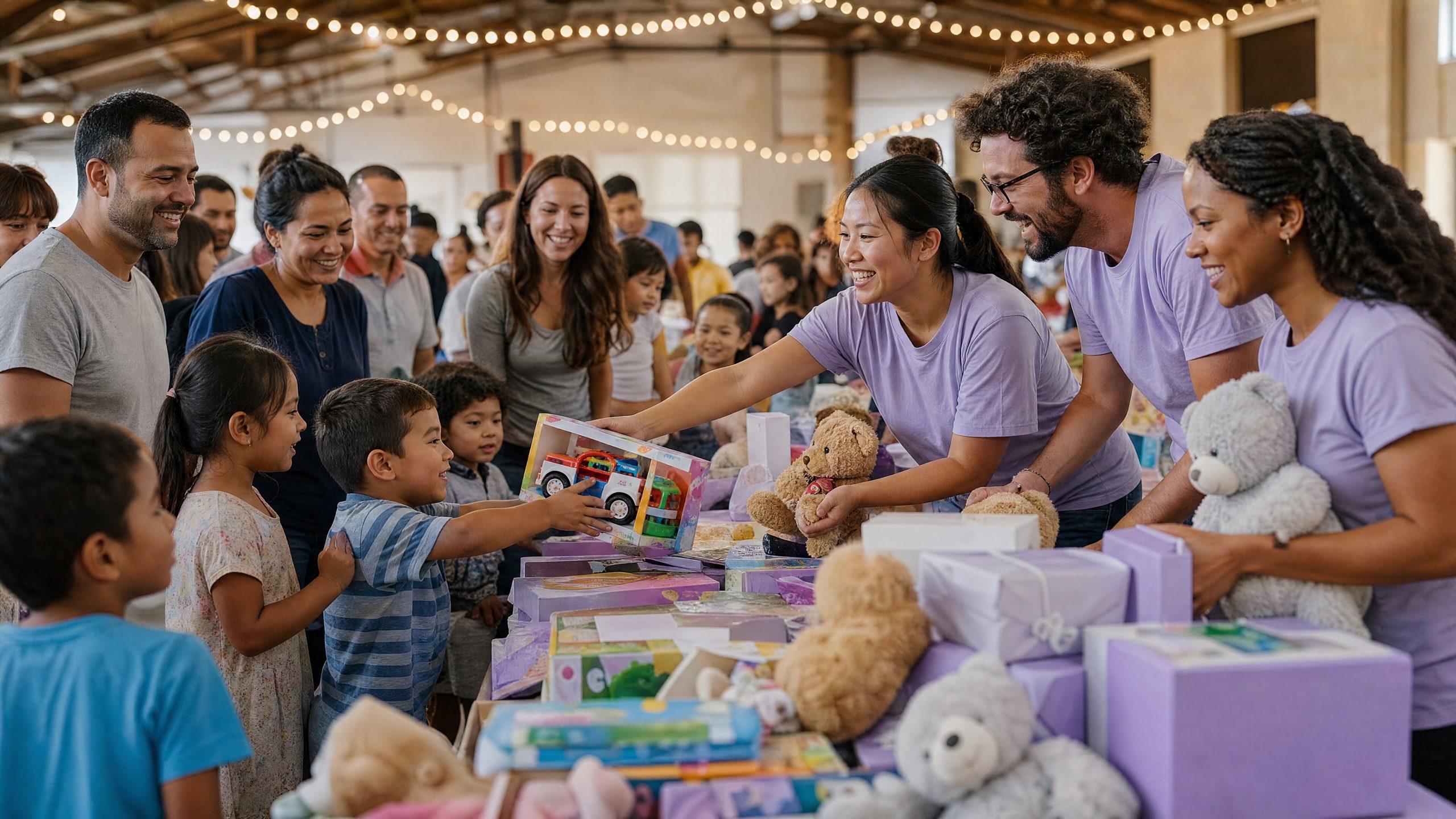 Volunteers handing new toys to excited children at a toy giveaway