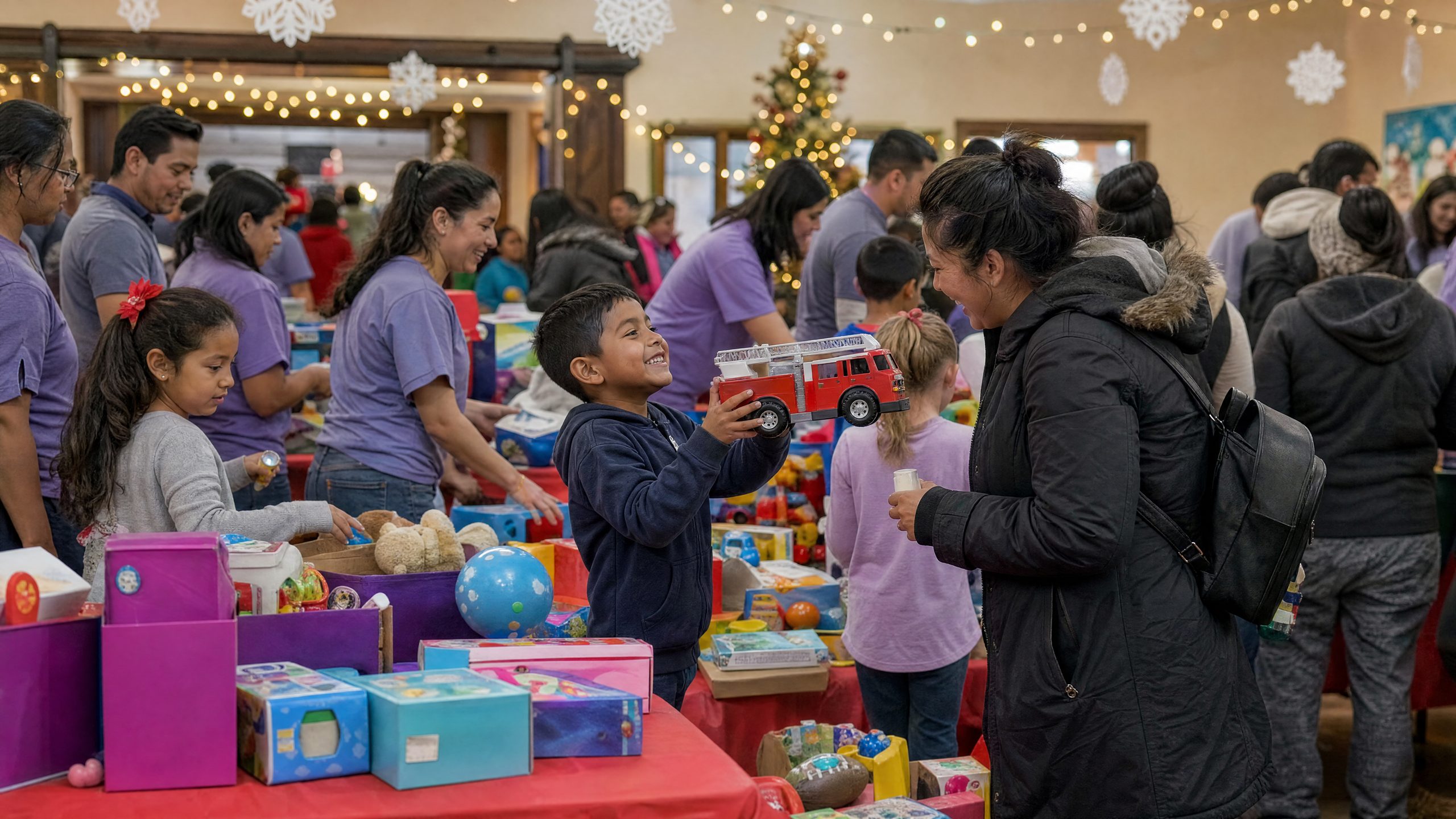 Children choosing presents at a Christmas giving day
