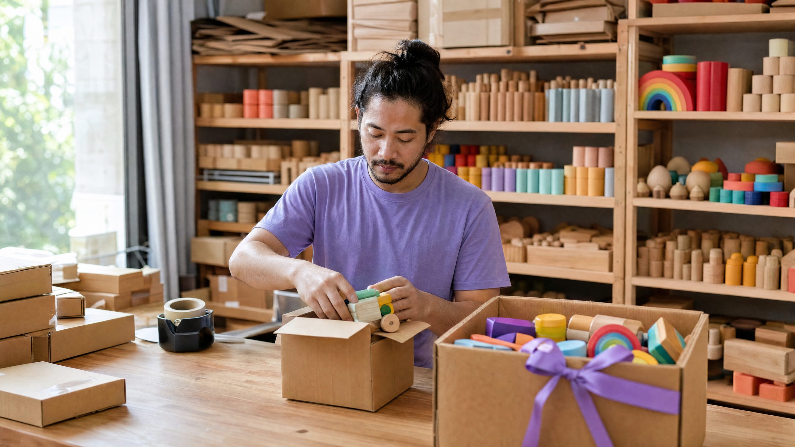 An online toy seller packing parcels next to a box of toys to donate