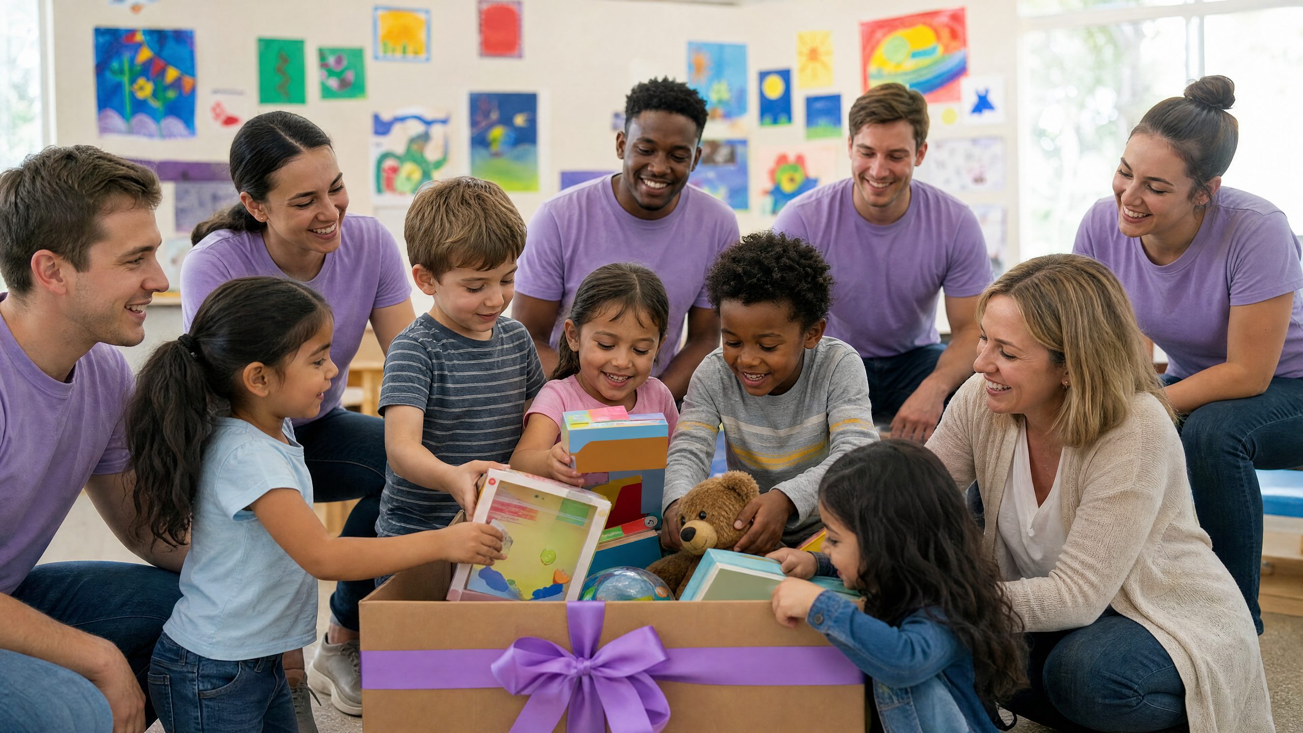 Children putting new toys into their school's collection box