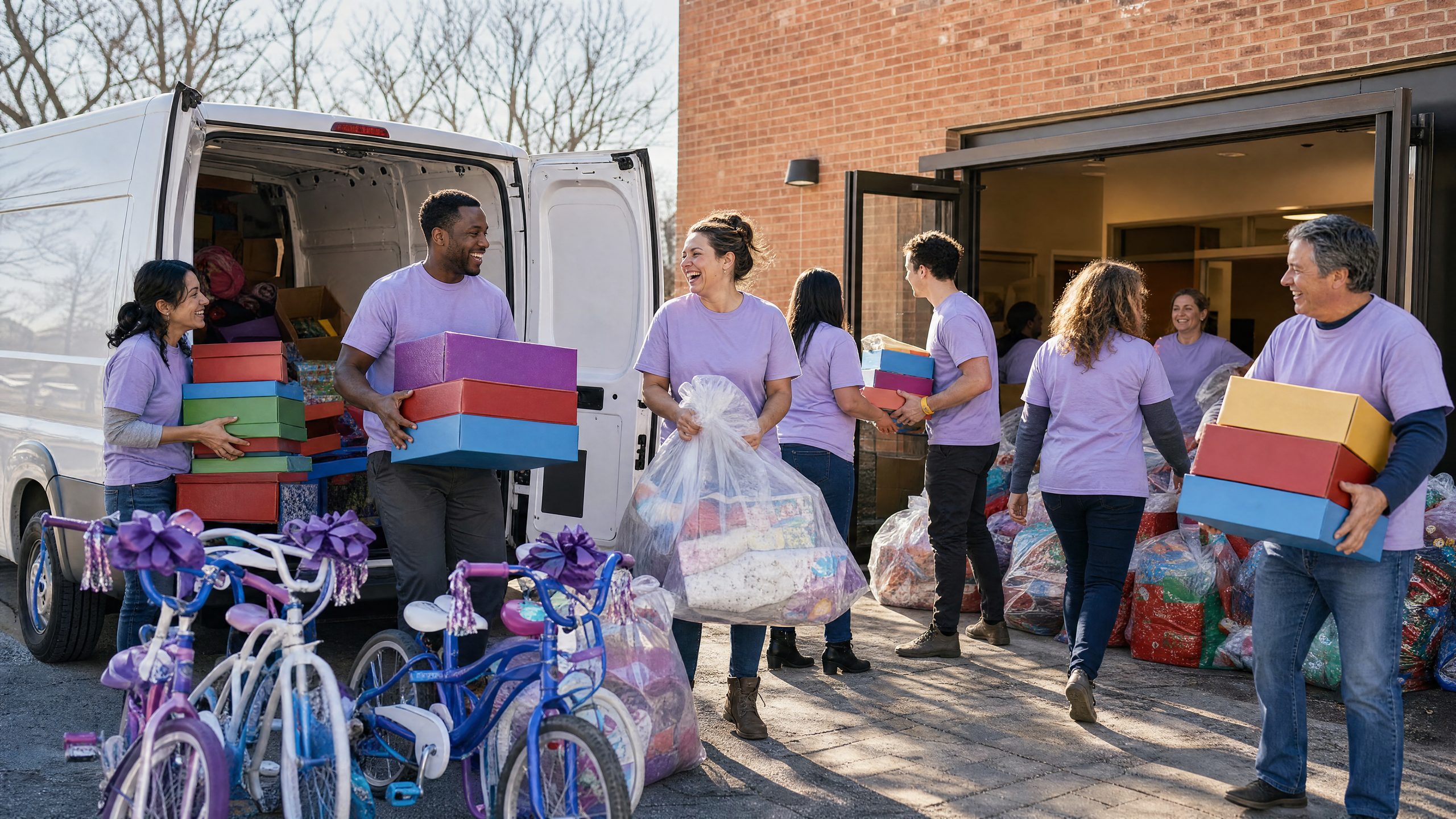 Volunteers carrying donated toys and bikes into a community centre