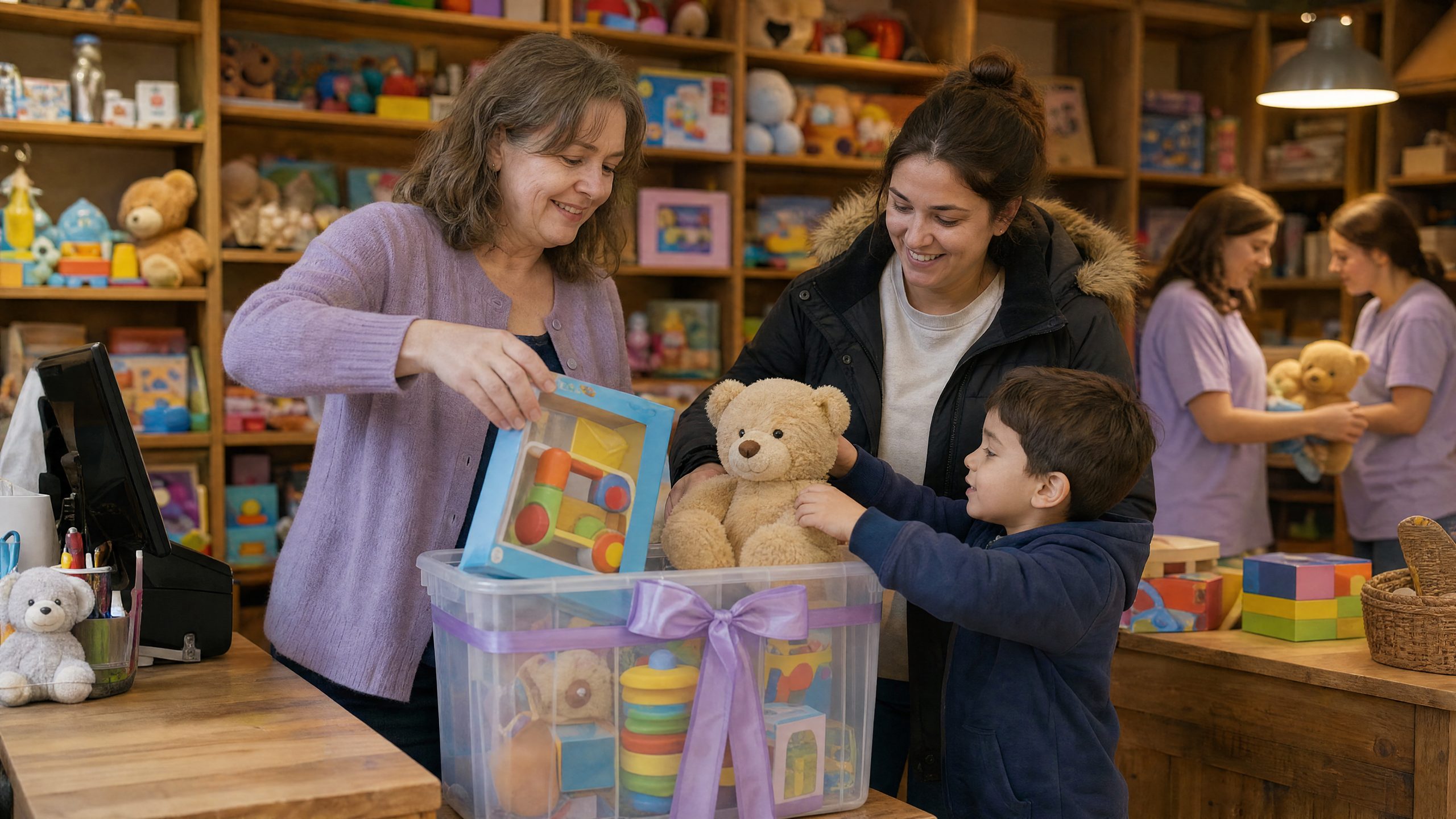 A toy shop owner adding a toy to a donation box by the till