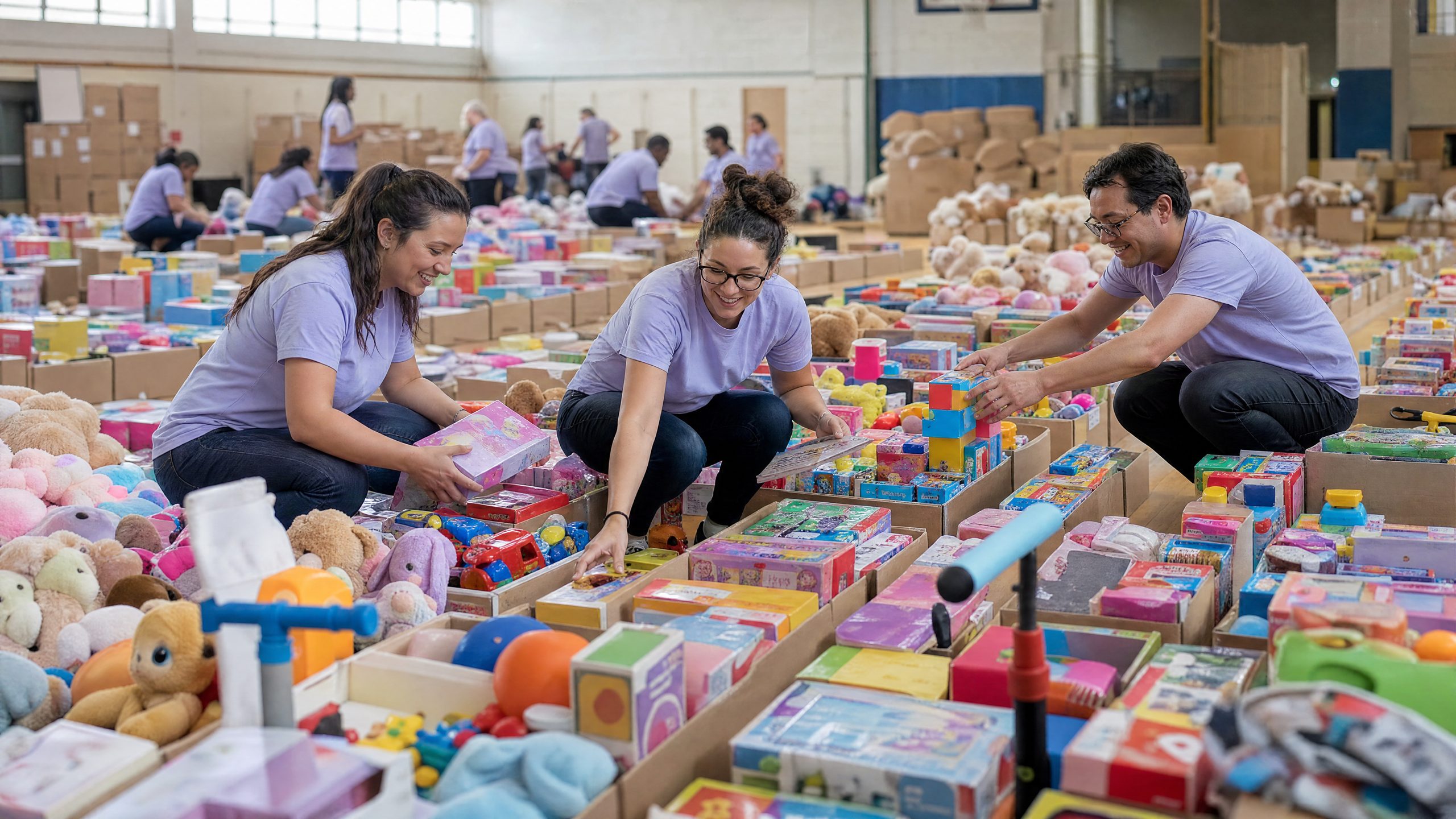 Hundreds of donated toys sorted by age across a sports hall floor